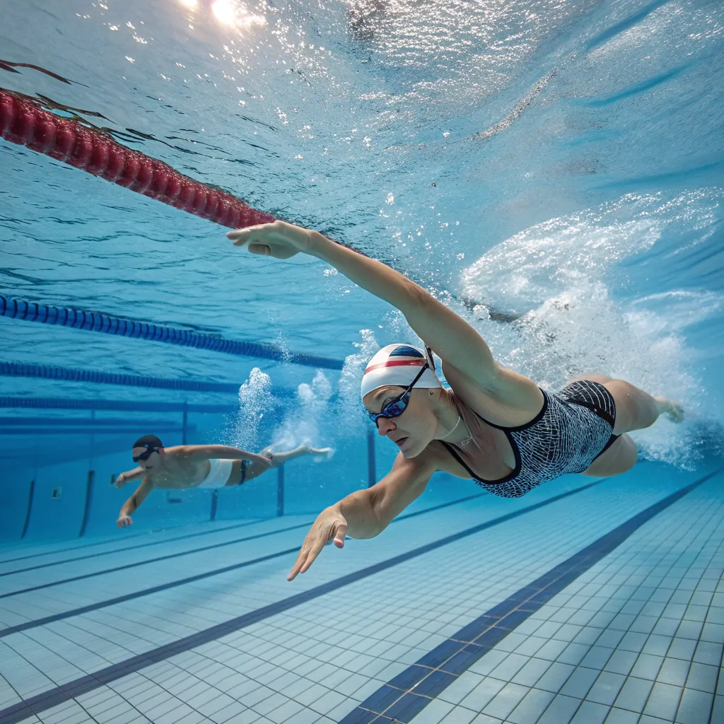 Advanced swimming class with adults practicing strokes