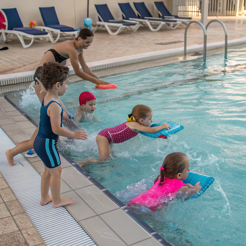 Children learning swimming in a pool